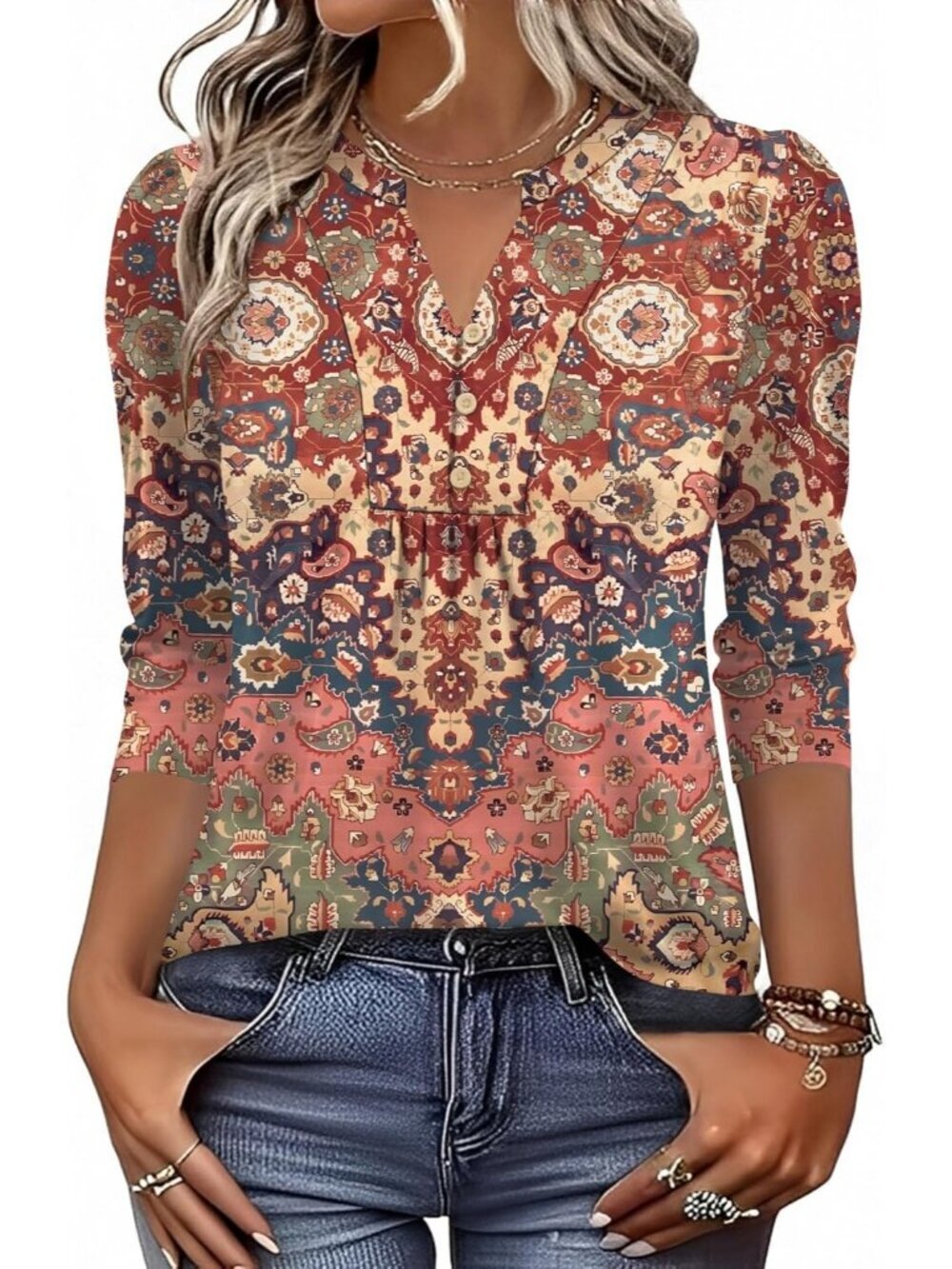 Women's 3/4 Length Sleeve Tops Dressy Casual Henley V-Neck Tops Rainbow Stripe - Picture 2 of 5